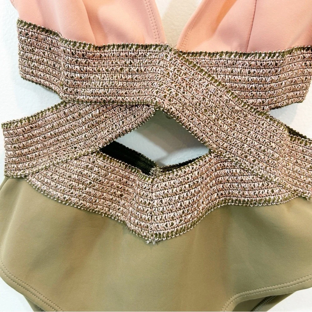Chic Pink and Green One-Piece Saddle-Stitch Cutout Detail Swimsuit Size 10